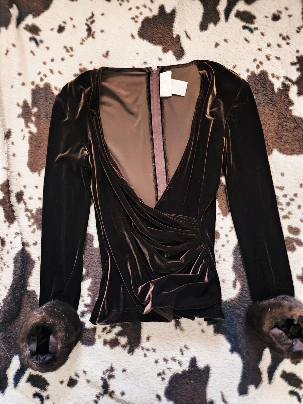 "CACHE" WOMEN'S 80'S/90'S VELOUR FUR SLEEVES BLOUSE - BROWN